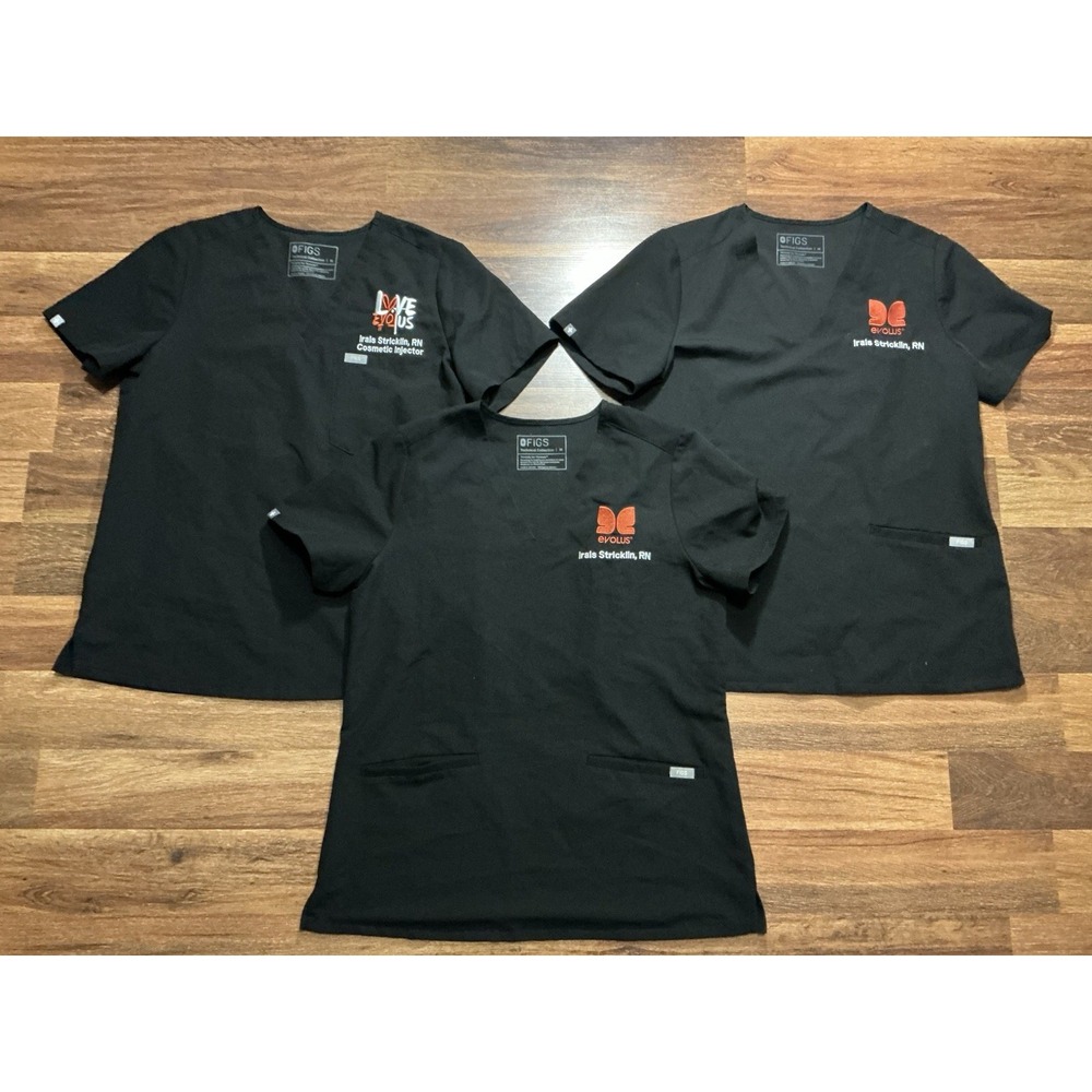 Lot Of 3 FIGS Technical Collection MEDIUM Scrub Tops BLACK Personalized